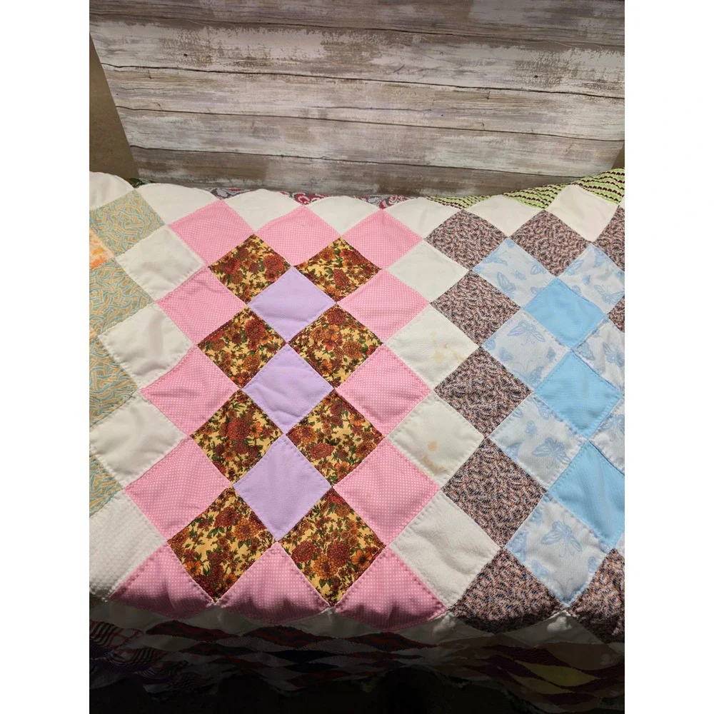 Handmade Patchwork Quilt Oversized 115x90 Multi Color Crochet Border Vintage